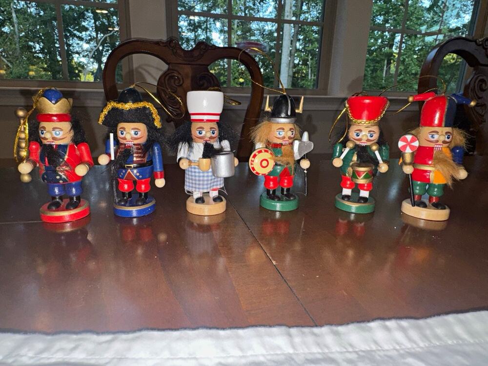 6 Wooden Nutcracker Hanging Christmas Tree Ornaments Set Multicolor Assorted
